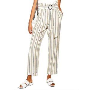 TOPSHOP Women's Size 6 high waist Linen Blend Striped Belted Paperbag Pants cuff